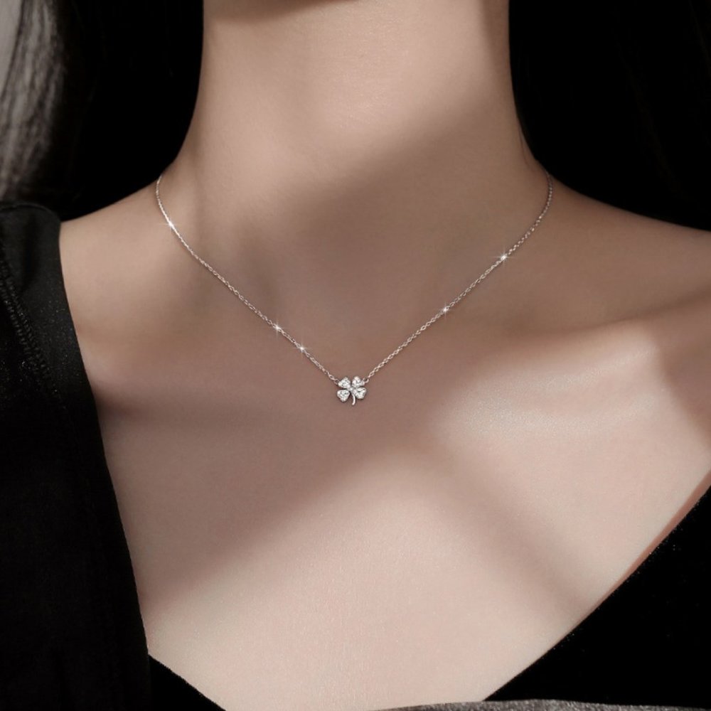 925 Sterling Silver Four-leaf Clover Luck Leaves Necklace Choker Women Jewelry